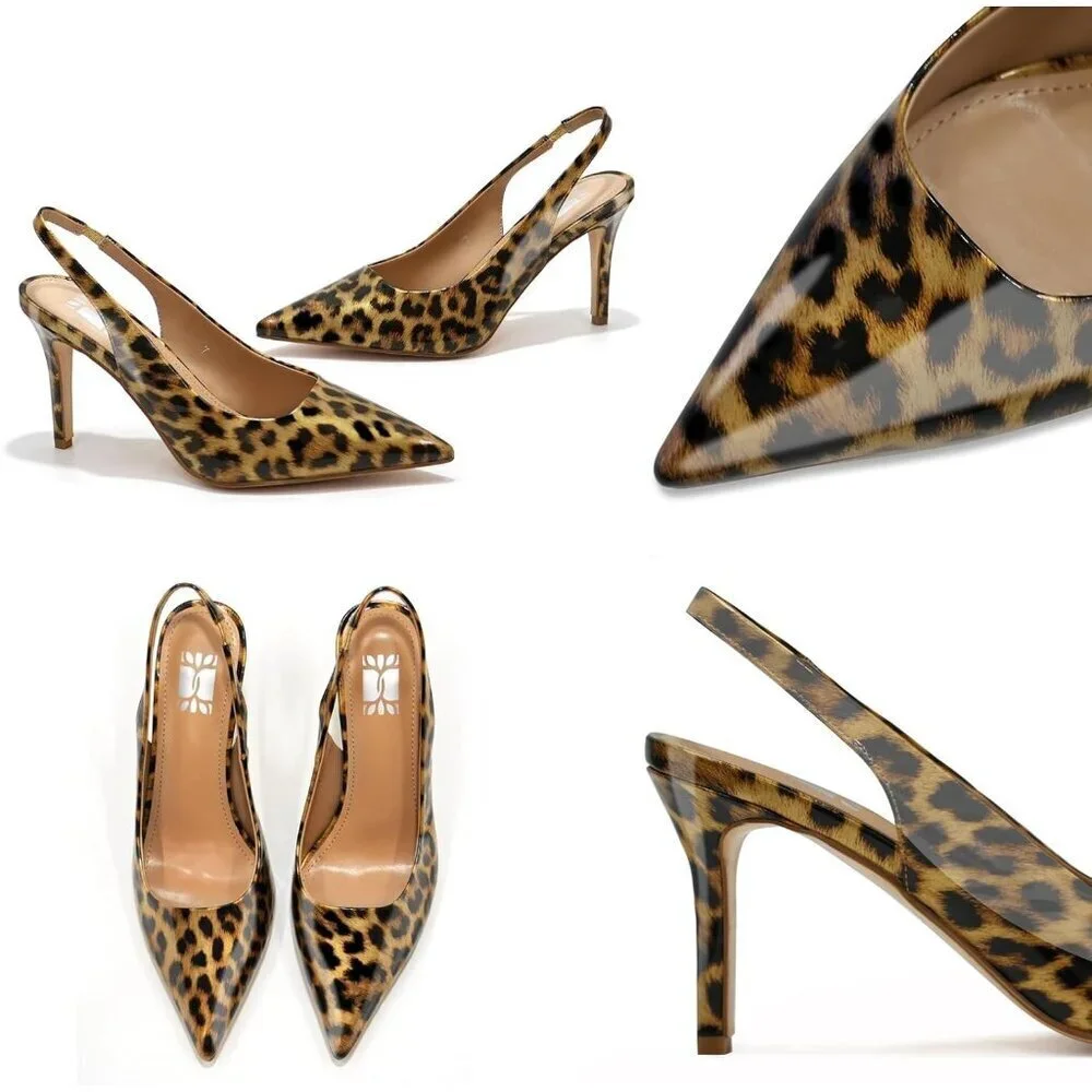 Women Black Leopard Slingback Stiletto Heels Closed Toe Pumps Slip On High Heels